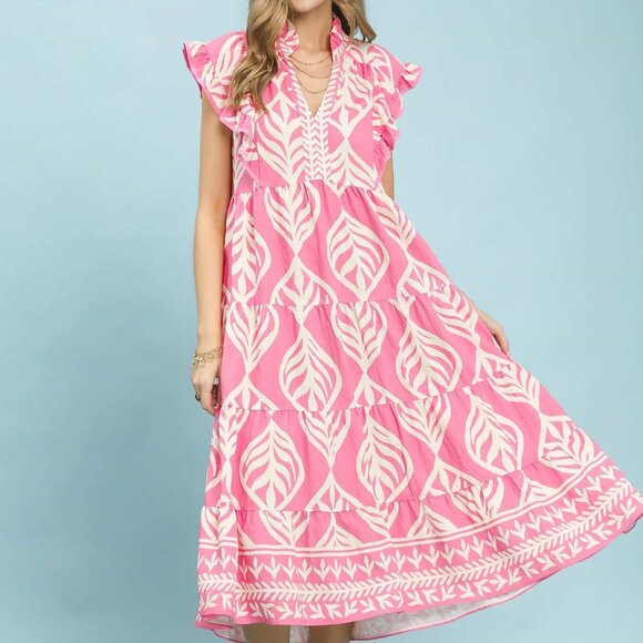 Umgee Dresses & Skirts - Umgee Leaf Print‎ Tiered Maxi Dress with Pockets